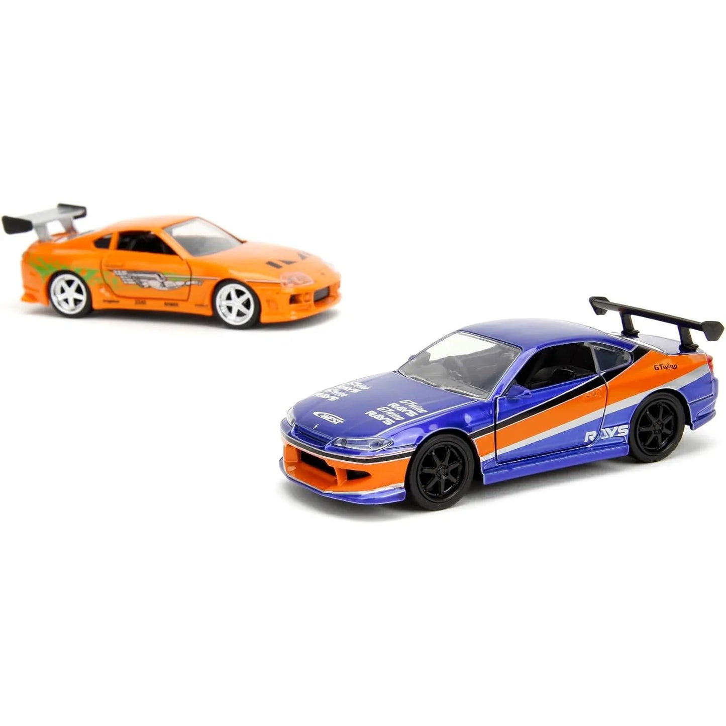Jada Toys 1:32 Fast & Furious Twin Pack featuring Orange Toyota Supra and Blue/Orange Nissan Silvia S15 die-cast cars.