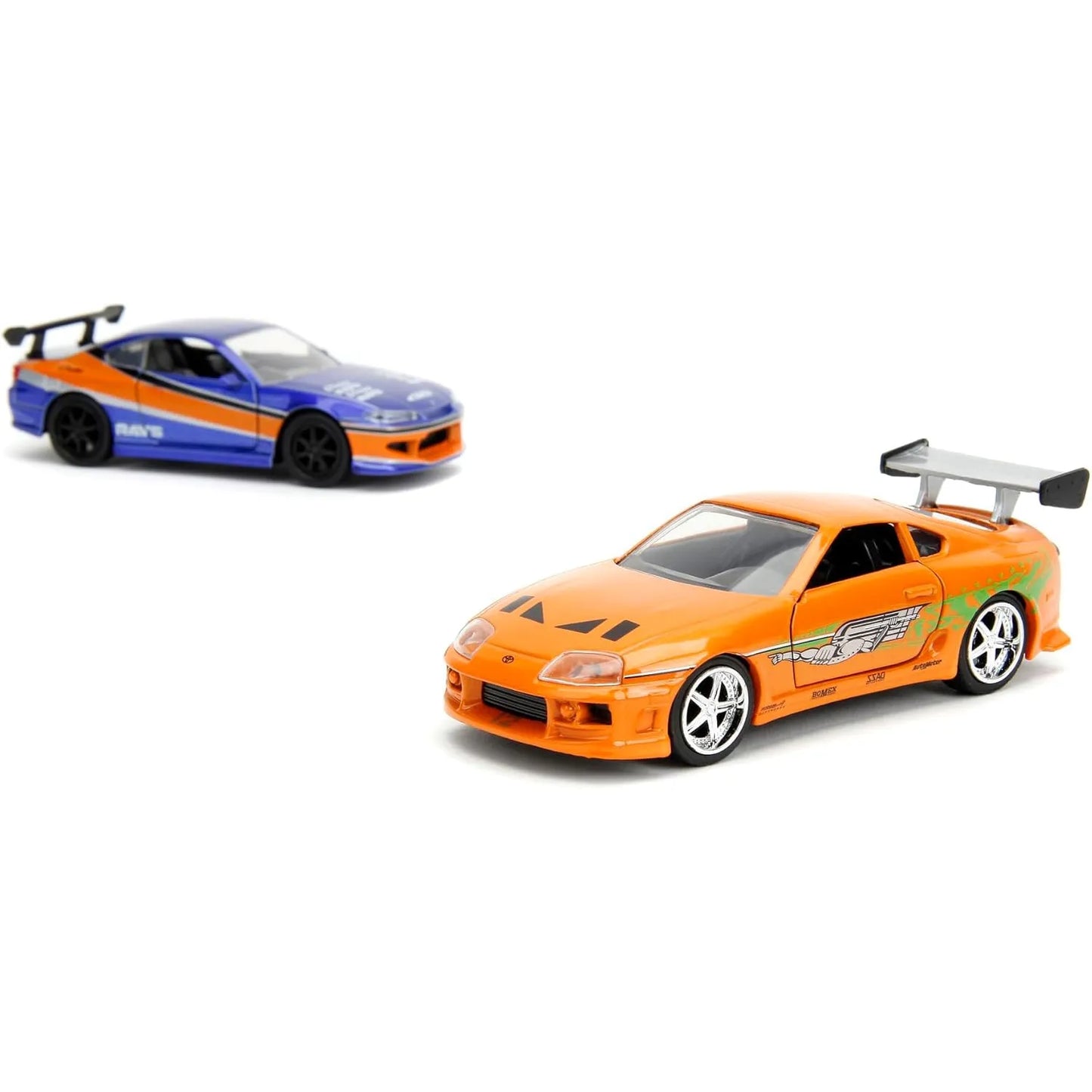 Jada Toys 1:32 Fast & Furious Twin Pack featuring Orange Toyota Supra and Blue/Orange Nissan Silvia S15 die-cast cars.