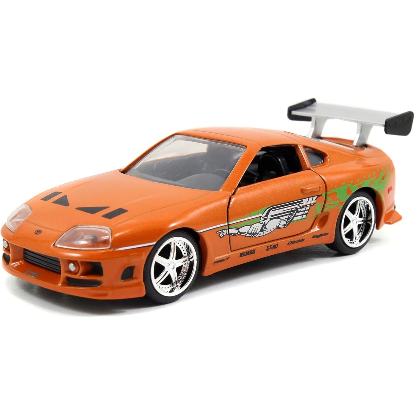 Jada Toys 1:32 Fast & Furious Twin Pack featuring Orange Toyota Supra and Blue/Orange Nissan Silvia S15 die-cast cars.