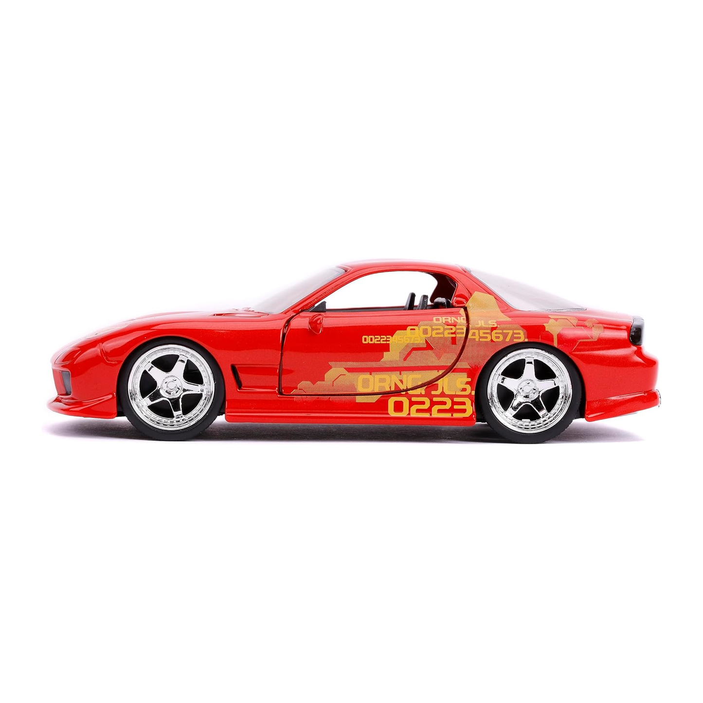 Jada Toys 1:32 scale die-cast model of Orange Julius’ orange 1993 Mazda RX-7 from 2 Fast 2 Furious with detailed livery.
