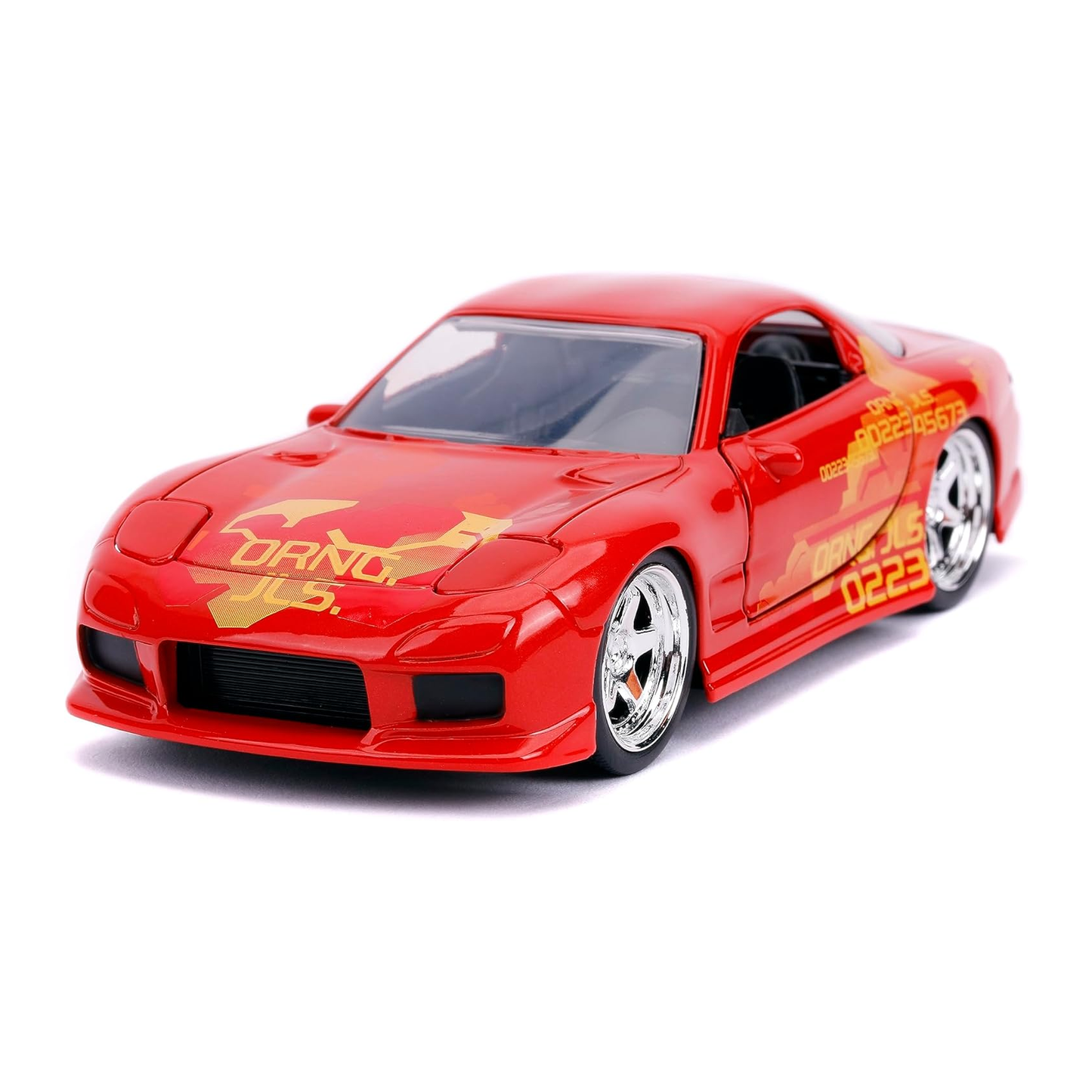 Jada Toys 1:32 scale die-cast model of Orange Julius’ orange 1993 Mazda RX-7 from 2 Fast 2 Furious with detailed livery.