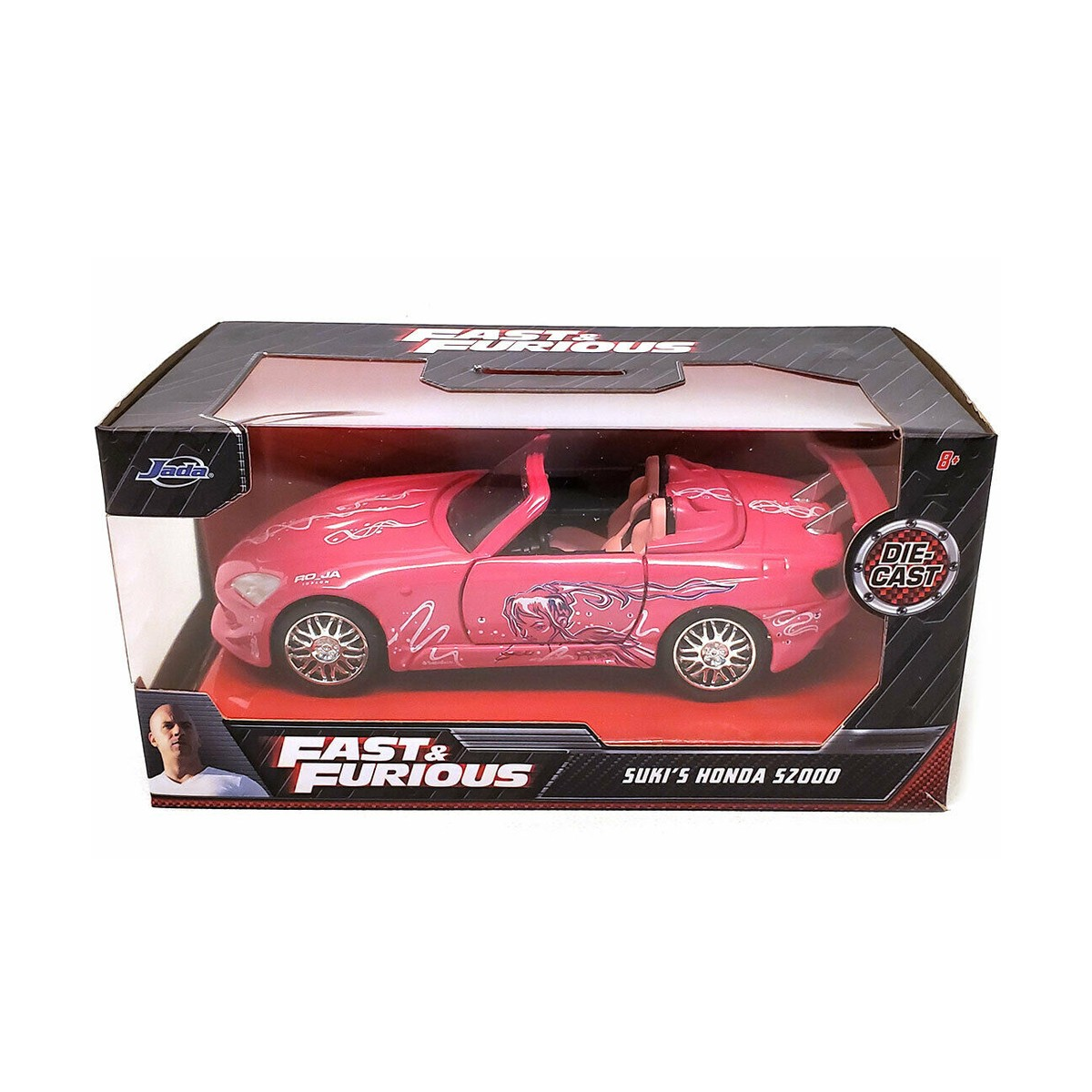 Jada Toys 1:32 die-cast model of Suki’s pink 2001 Honda S2000 from 2 Fast 2 Furious with detailed decals and finish.