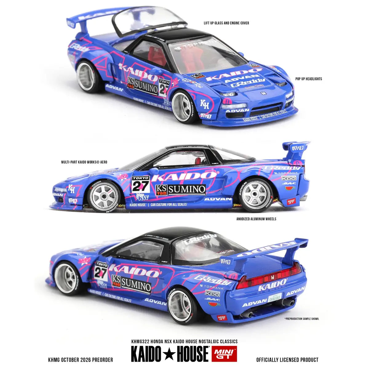 Kaido House x Mini GT Honda NSX Nostalgic Classics KHMG322 blue 1:64 diecast with pop-up headlights, rear wing and opening engine cover