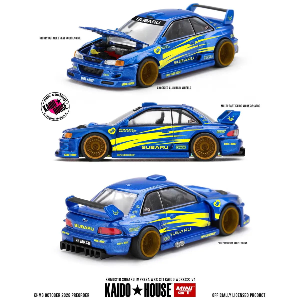 Kaido House x Mini GT Subaru Impreza WRX STI Kaido Works V1 KHMG318 blue 1:64 diecast with gold wheels