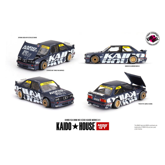 Kaido House MiniGT 1:64 die-cast model of BMW M3 (E30) in Kaido Works V1 1989 livery with widebody styling.