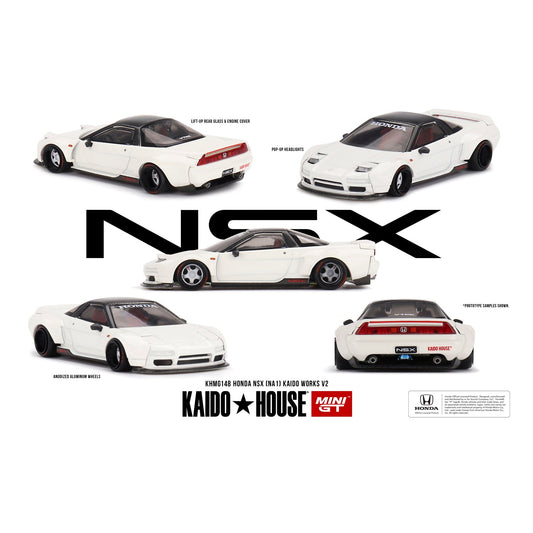Kaido House MiniGT 1:64 die-cast model of Honda NSX NA1 in Kaido Works V2 1990 design with custom widebody kit.