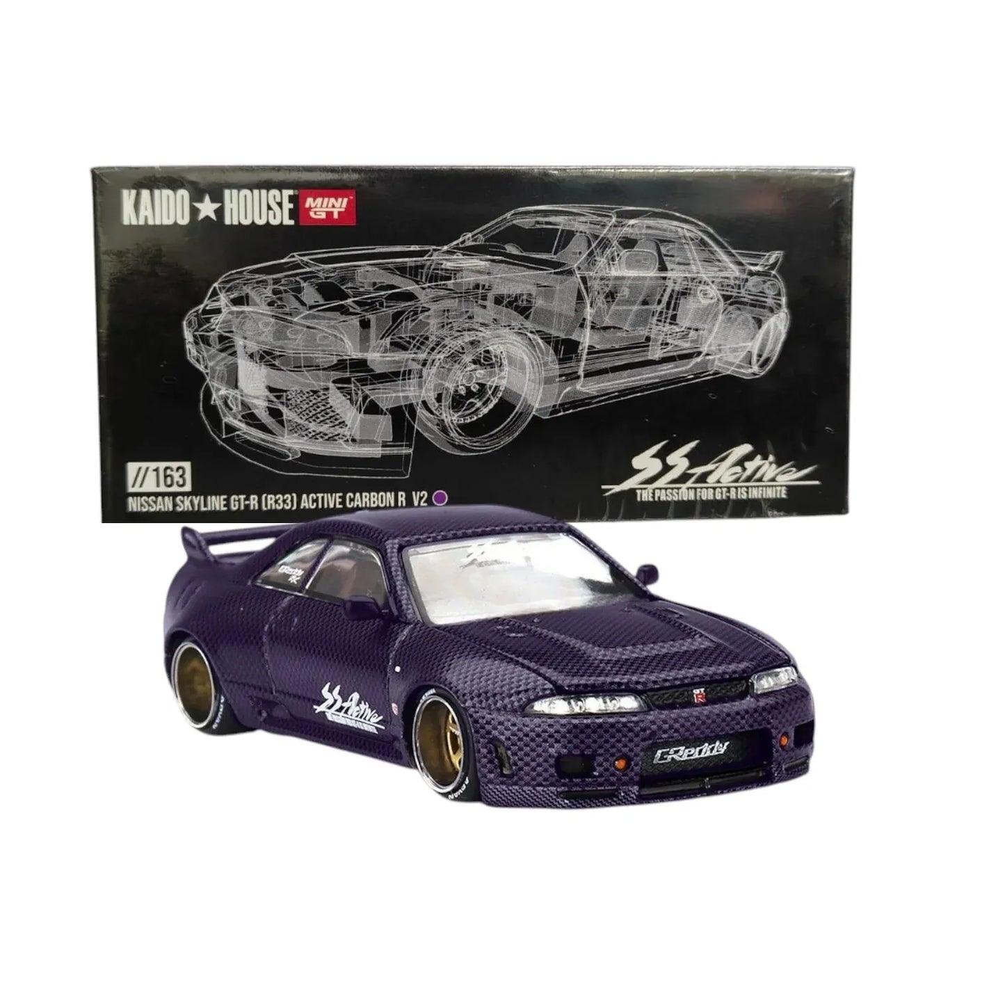 Kaido House x MiniGT 1:64 scale die-cast Nissan Skyline GT-R R33 Active Carbon R V2 1995 KHMG163 with custom design by Jun Imai.