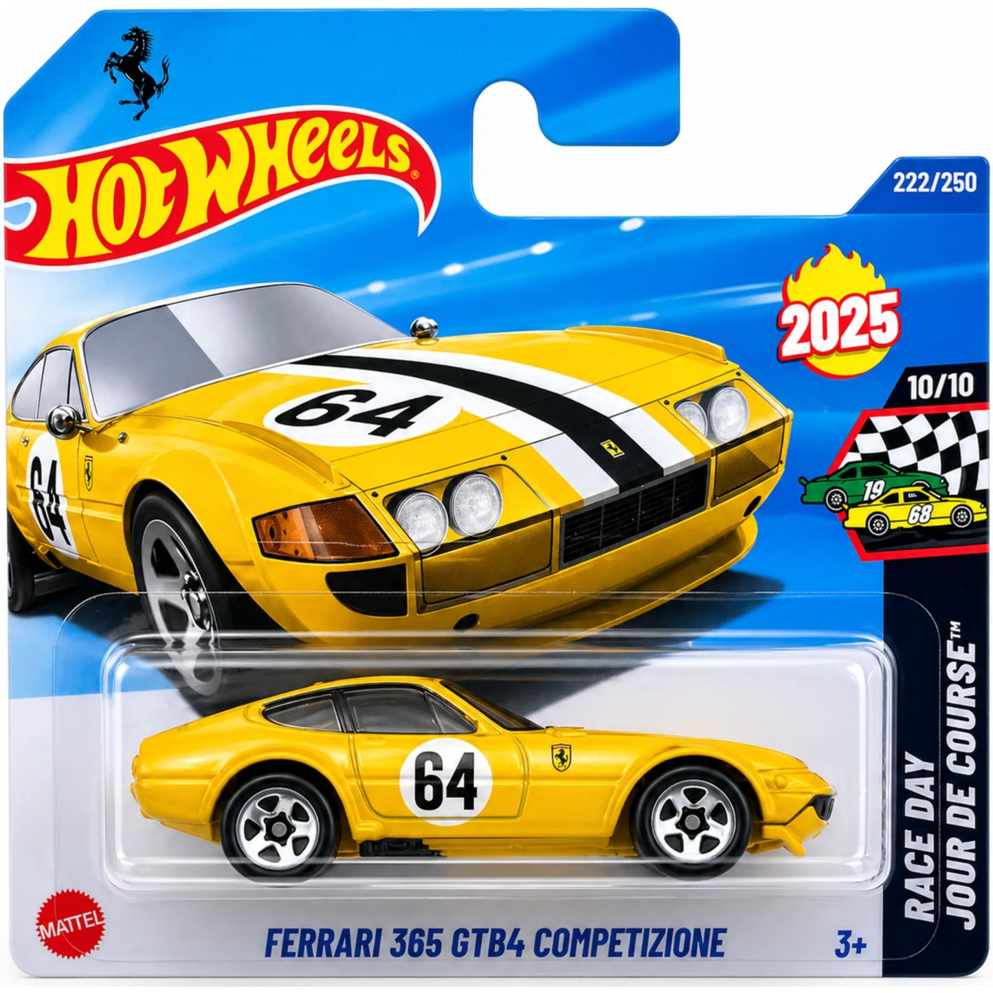 Hot Wheels Ferrari 365 GTB4 Competizione yellow 1:64 die-cast from 2025 Race Day Jour De Course series 222/250 10/10 JBC19 in packaging.
