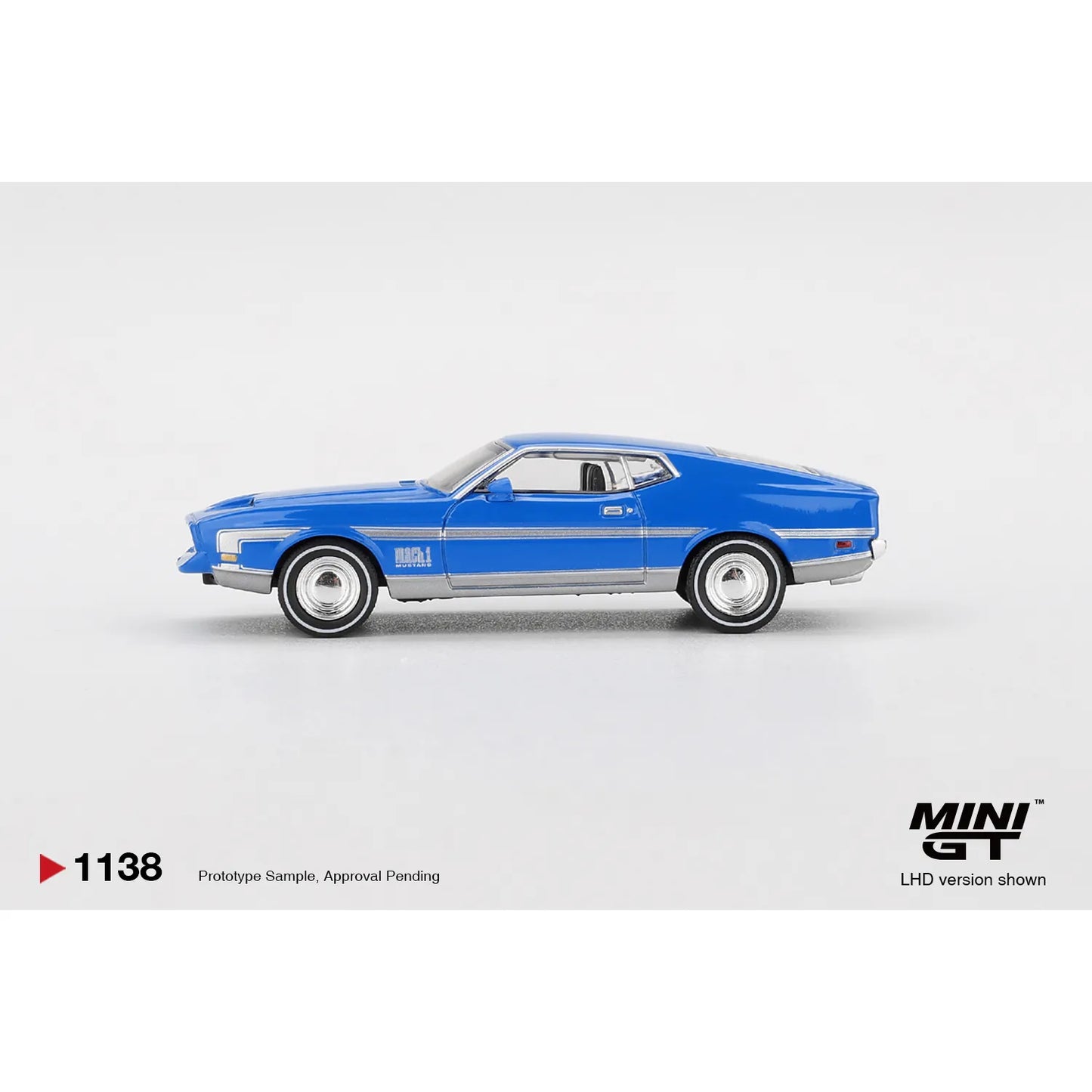 Mini GT 1:64 Ford Mustang Mach 1 Grabber Blue 1971 die-cast model car.