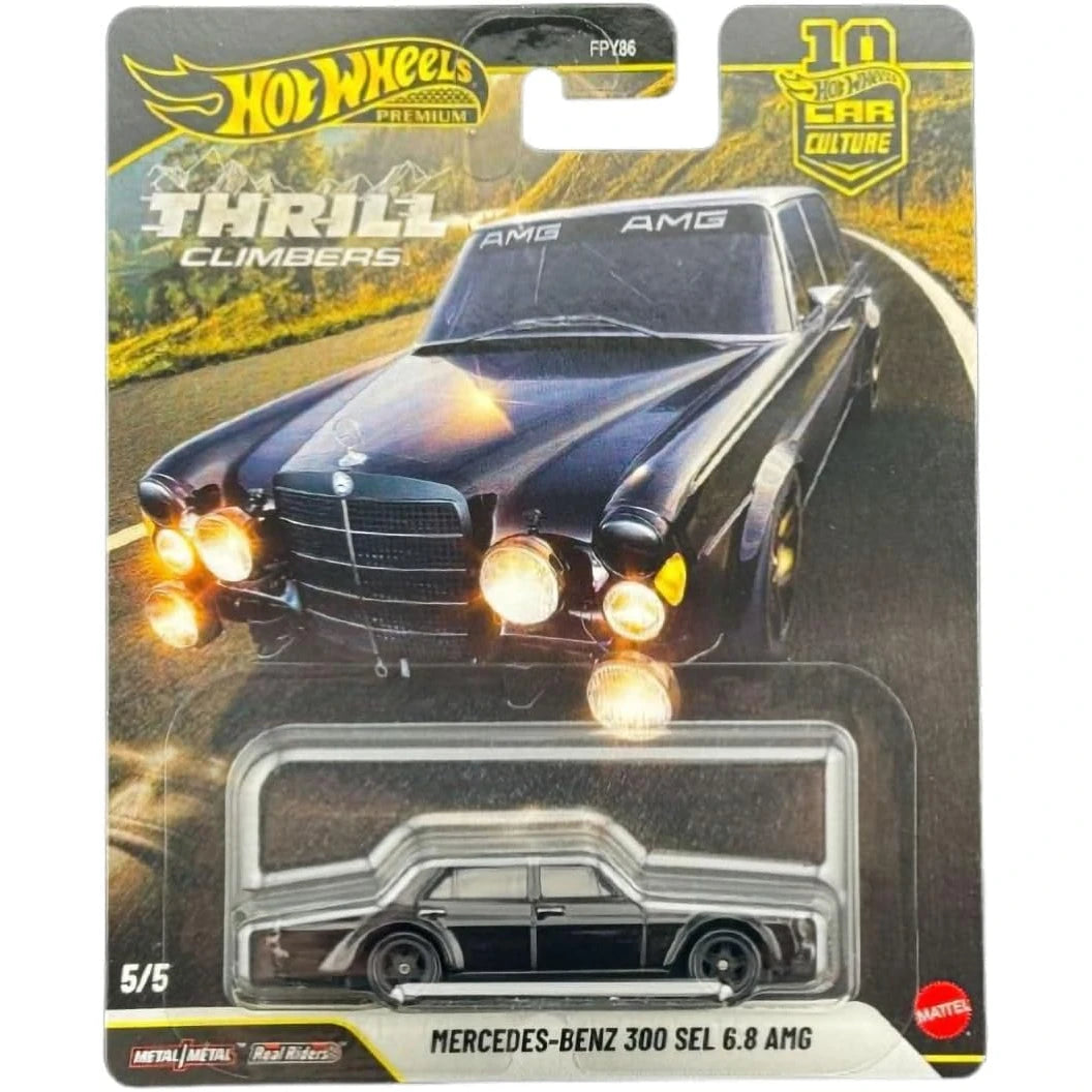 Hot Wheels 1:64 Thrill Climbers 5-Car Set Car Culture FPY86 961Q featuring Subaru Impreza WRX, Porsche 914 Safari, Mitsubishi Lancer Evolution VI, Lancia Delta S4, and Mercedes-Benz 300 SEL 6.8 AMG.
