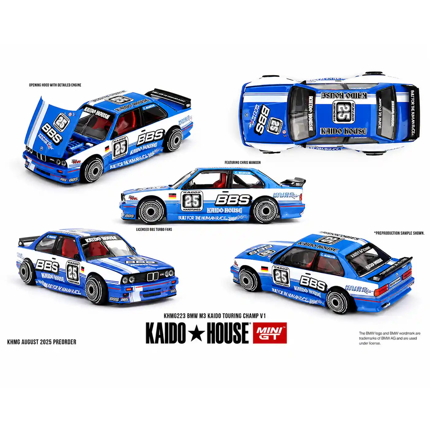 Kaido House x Mini GT 1:64 BMW M3 E30 Kaido Touring Champ V1 1989 die-cast model car.