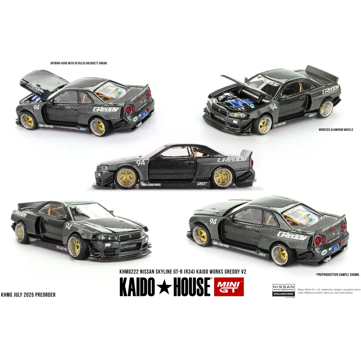 Kaido House x Mini GT Nissan Skyline GT-R R34 Kaido Works GReddy V2 KHMG222 collector model.