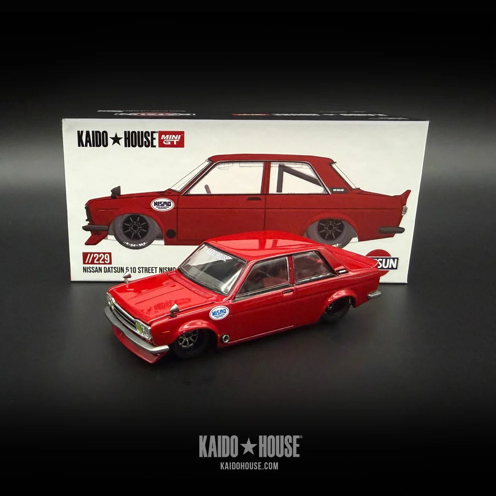 Kaido GT Nissan Datsun 510 Street Nismo V3 KHMG229 diecast model with opening hood, alloy wheels, rainbow-plated chassis and rubber tires.