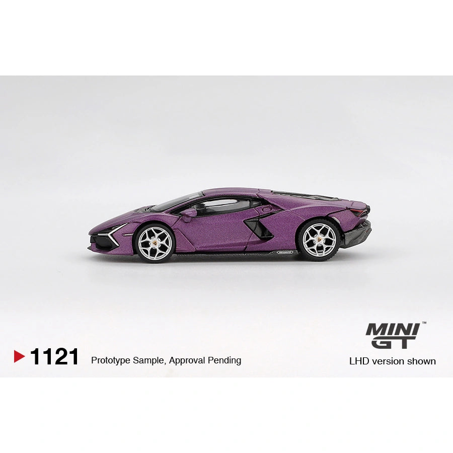 Mini GT 1:64 scale Lamborghini Revuelto in Viola 30th Matte finish with hybrid V12 styling, detailed bodywork, and anniversary edition details