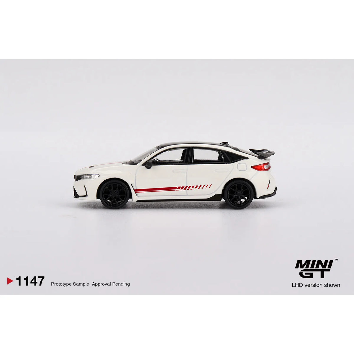 Mini GT 1:64 Honda Civic FL5 Type R Ultimate Edition Championship White 2025 diecast model with red stripes, black roof and rear wing MGT01147-L