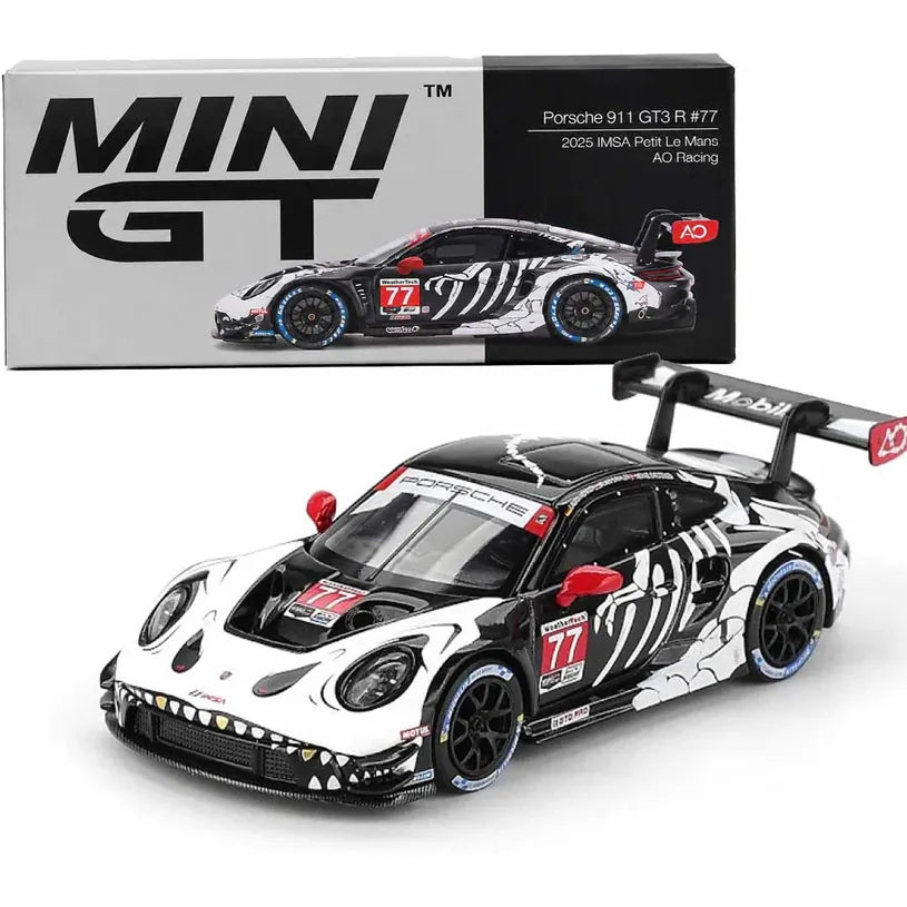 Mini GT 1:64 Porsche 911 GT3 R #77 AO Racing Skeleton Rexy 2025 IMSA Petit Le Mans die-cast model.