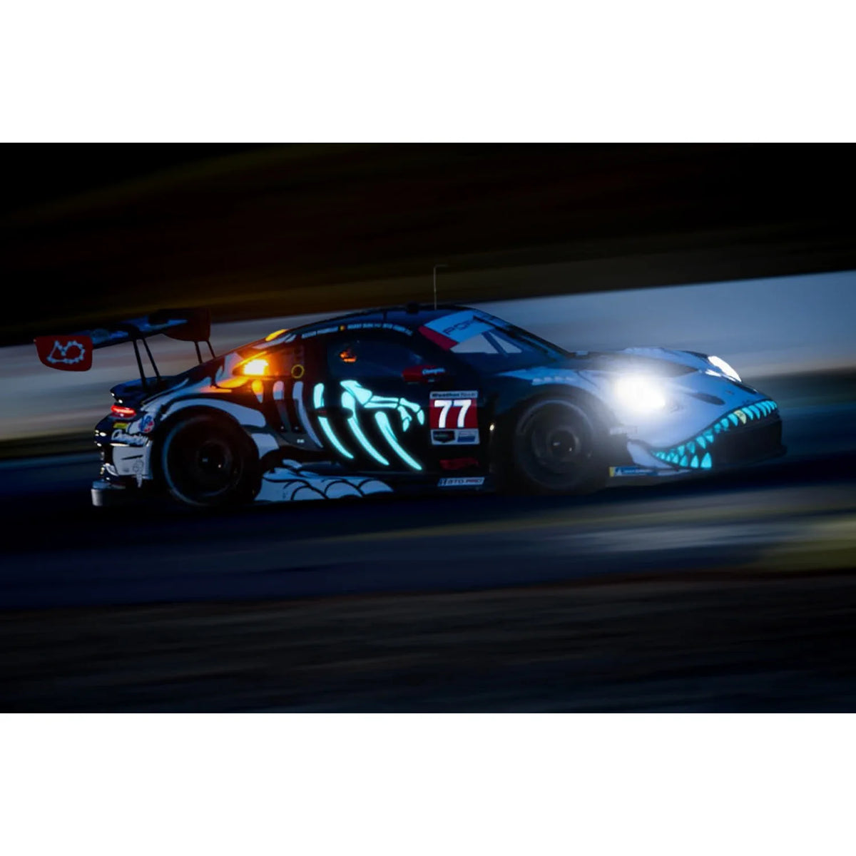 Mini GT 1:64 Porsche 911 GT3 R #77 Rexy boxed MGT01436-L with dinosaur skeleton graphics and glow-style racing livery