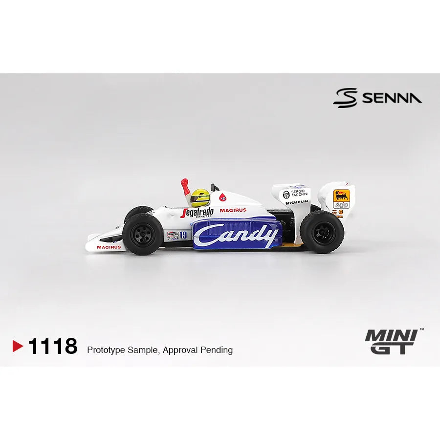 Mini GT 1:64 Toleman TG184 #19 Ayrton Senna Monaco GP 1984 Formula 1 die-cast model car.