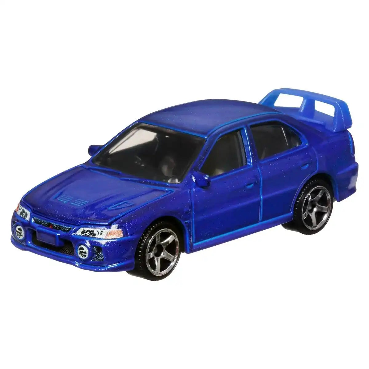 Matchbox 1:64 scale Moving Parts die-cast model of the 1996 Mitsubishi Lancer Evolution IV in metallic blue with opening hood.