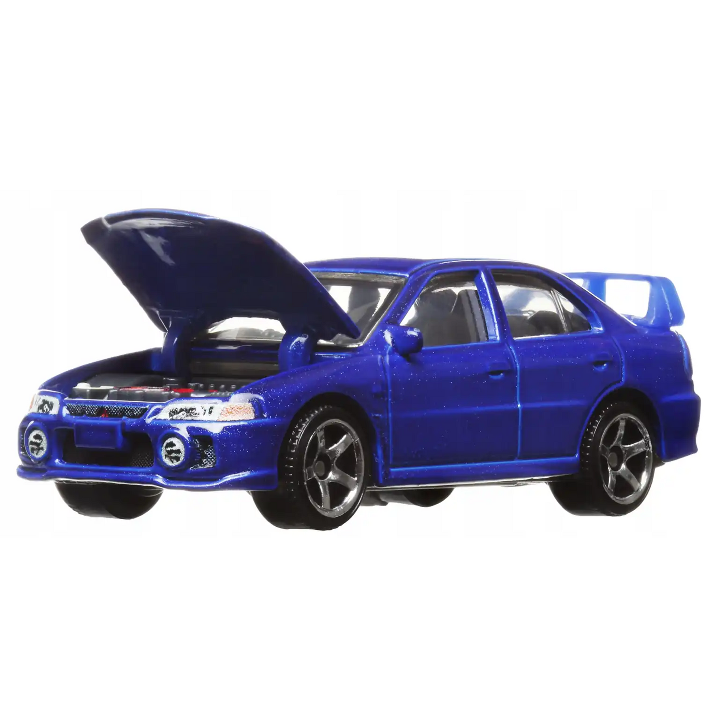 Matchbox 1:64 scale Moving Parts die-cast model of the 1996 Mitsubishi Lancer Evolution IV in metallic blue with opening hood.