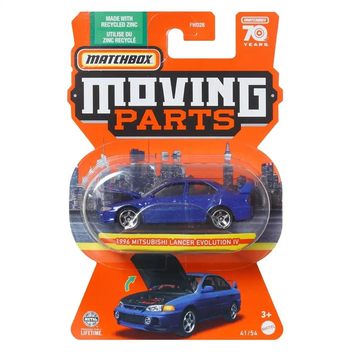 Matchbox 1:64 scale Moving Parts die-cast model of the 1996 Mitsubishi Lancer Evolution IV in metallic blue with opening hood.