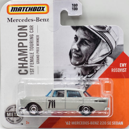 Matchbox '62 Mercedes-Benz 220 SE Sedan in cream with chrome accents, part of the Mainline series