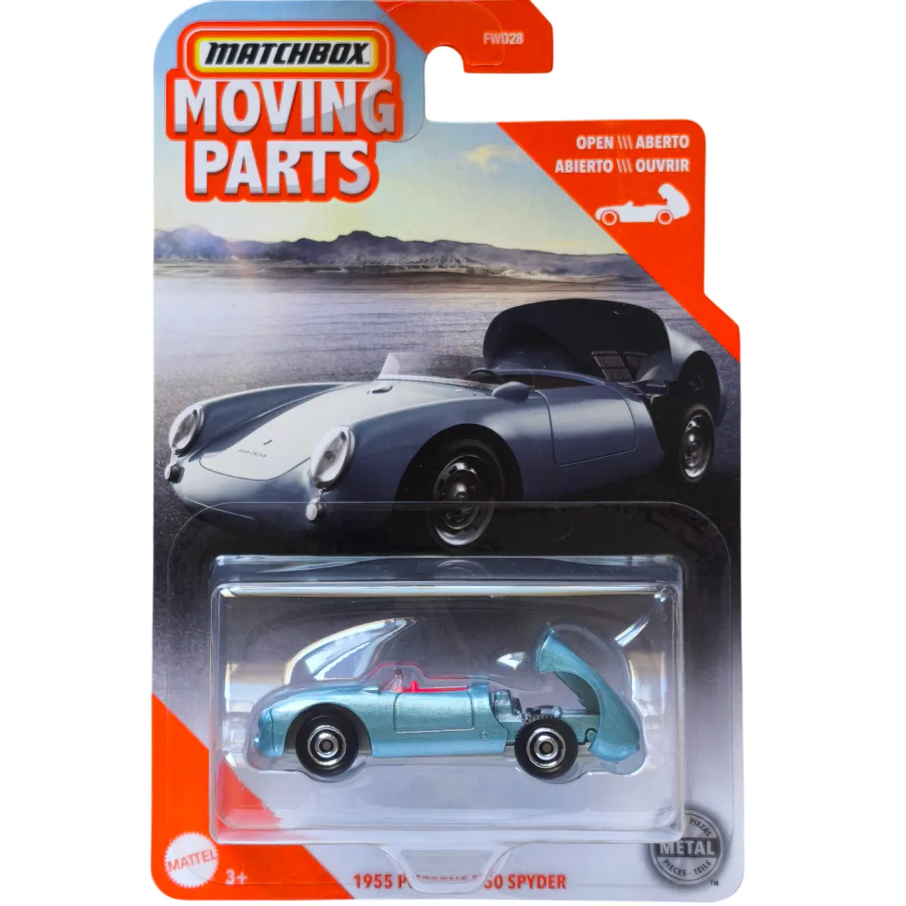 Matchbox 1:64 scale Moving Parts die-cast model of the 1955 Porsche 550 Spyder with functional openings.