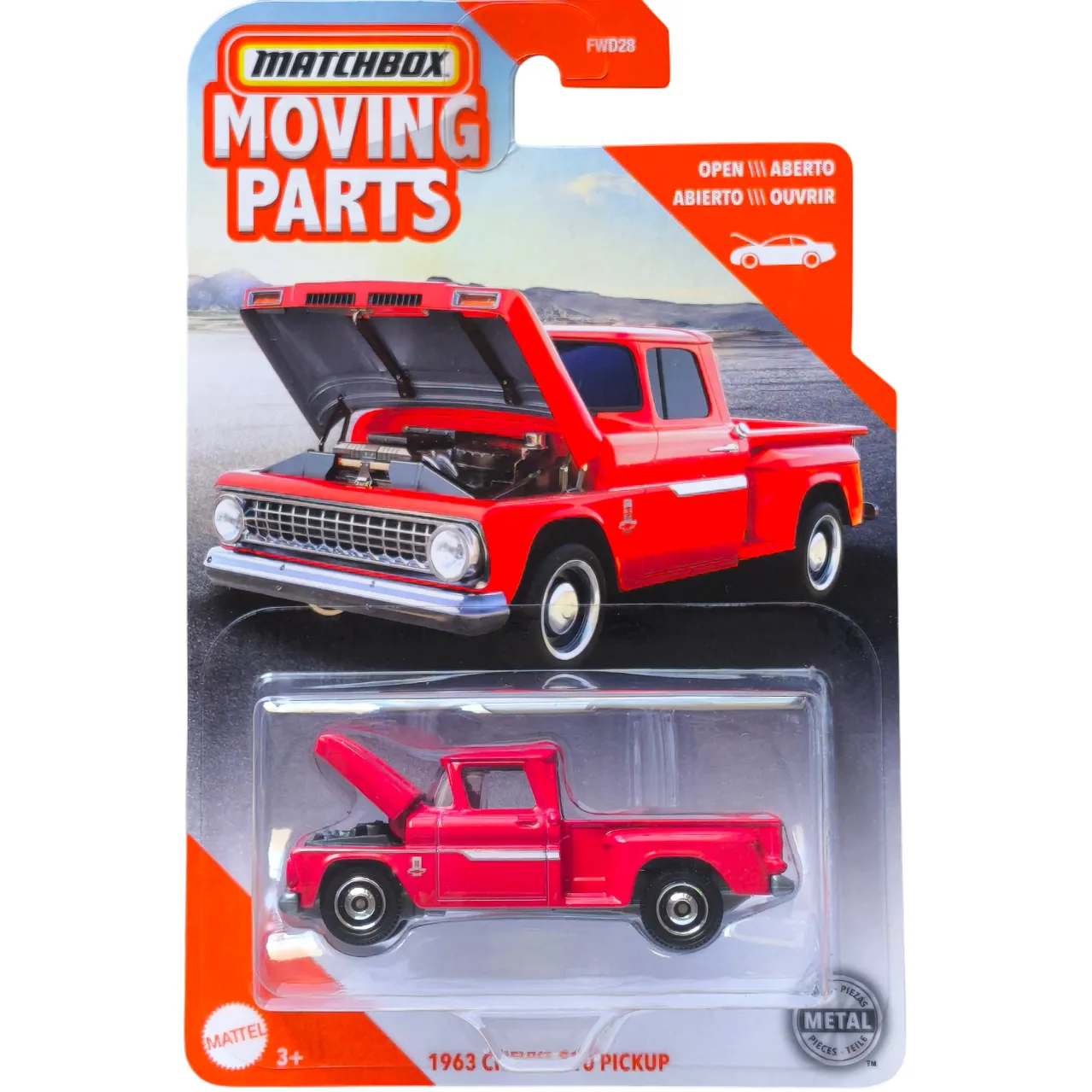Matchbox 1:64 scale 1963 Chevrolet C10 Pickup from the Moving Parts series featuring opening hood and vintage red finish.