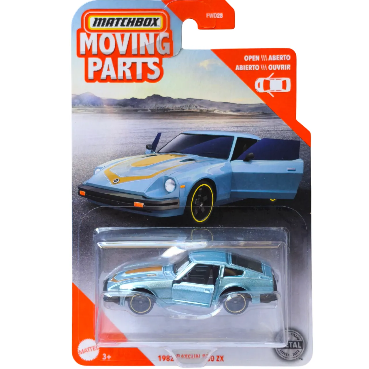 Matchbox 1982 Datsun 280 ZX die-cast car in metallic blue from the Moving Parts series with opening doors and vintage styling.