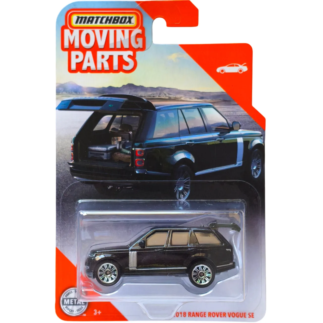 Matchbox 1:64 scale Moving Parts die-cast model of the 2018 Range Rover Vogue SE with opening rear hatch.