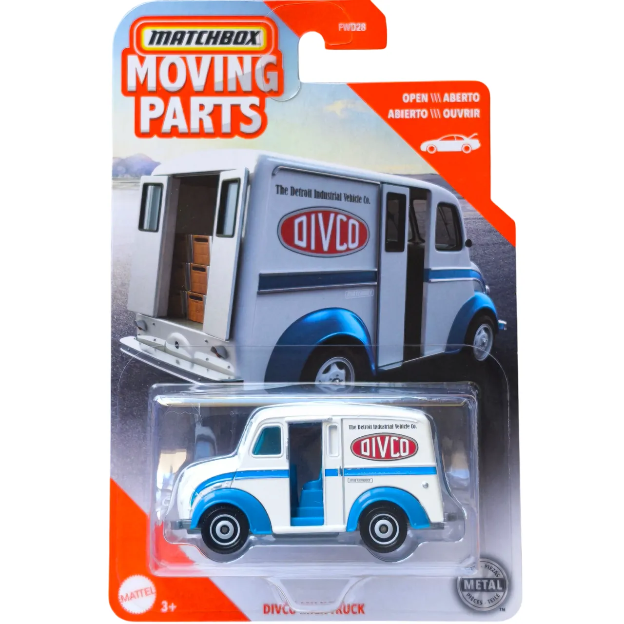 Matchbox 1:64 scale Moving Parts die-cast model of the Divco Milk Truck with opening cargo doors.