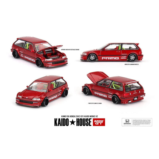 Mini GT 1:64 scale die-cast model of the 1987 Honda Civic (EF) Kaido Works V2 in red with wide-body kit and detailed engine bay.