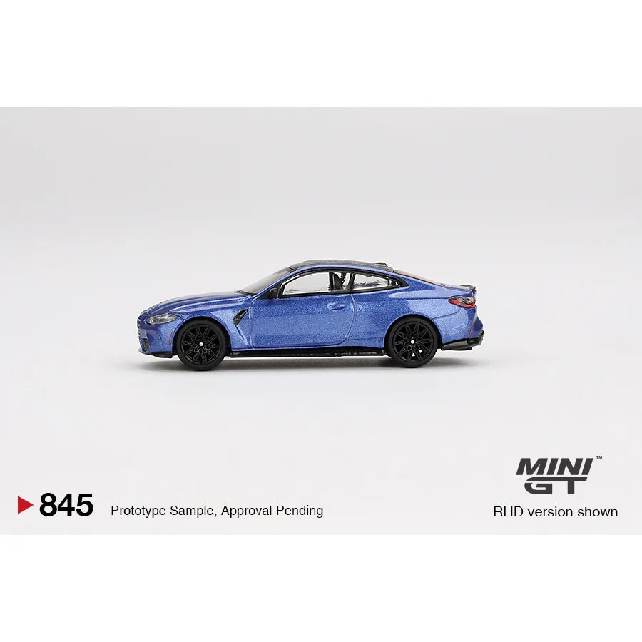 MiniGT 1:64 scale die-cast model of BMW M4 Competition (G82) in Portimao Blue with detailed features