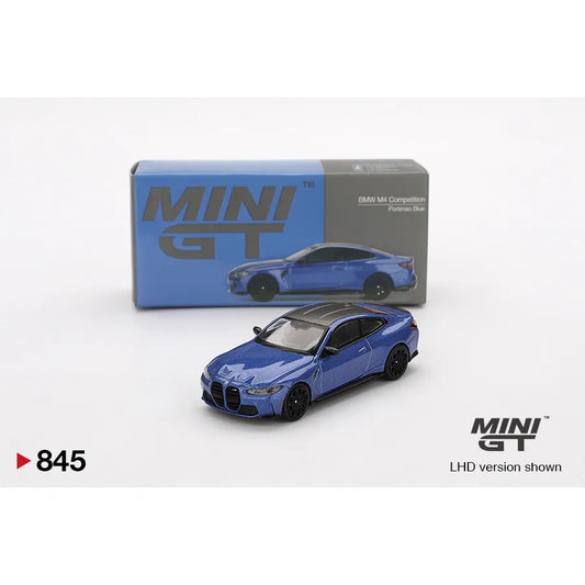 MiniGT 1:64 scale die-cast model of BMW M4 Competition (G82) in Portimao Blue with detailed features