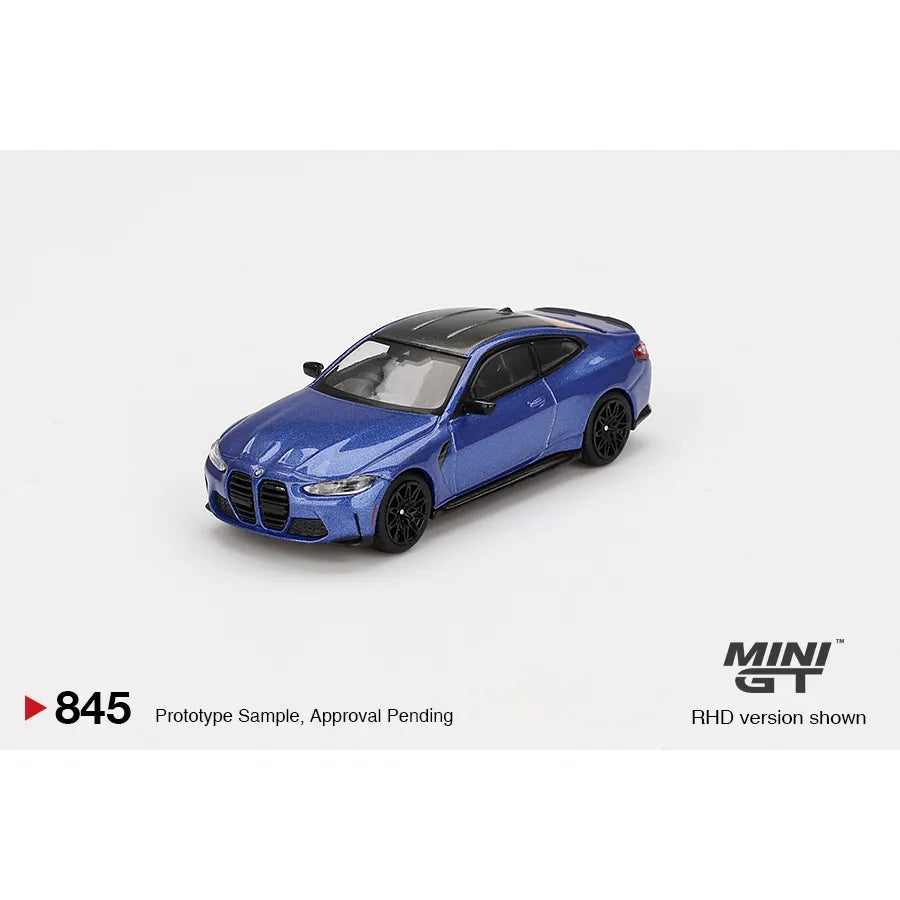 MiniGT 1:64 scale die-cast model of BMW M4 Competition (G82) in Portimao Blue with detailed features