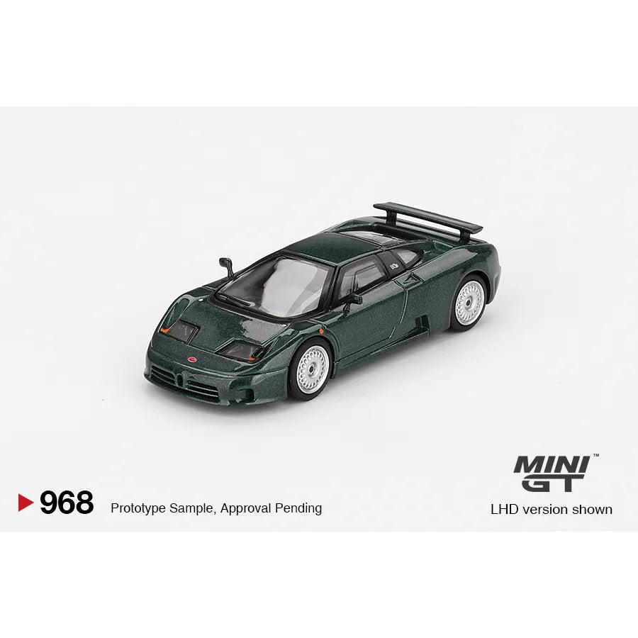 MiniGT 1:64 Bugatti EB110 GT Verde Scuro Dark Green die-cast model with quad-turbo V12 elegance.