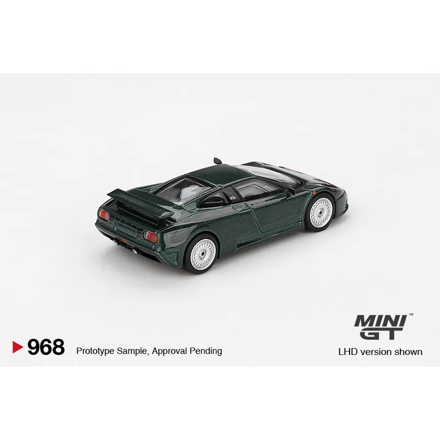 MiniGT 1:64 Bugatti EB110 GT Verde Scuro Dark Green die-cast model with quad-turbo V12 elegance.