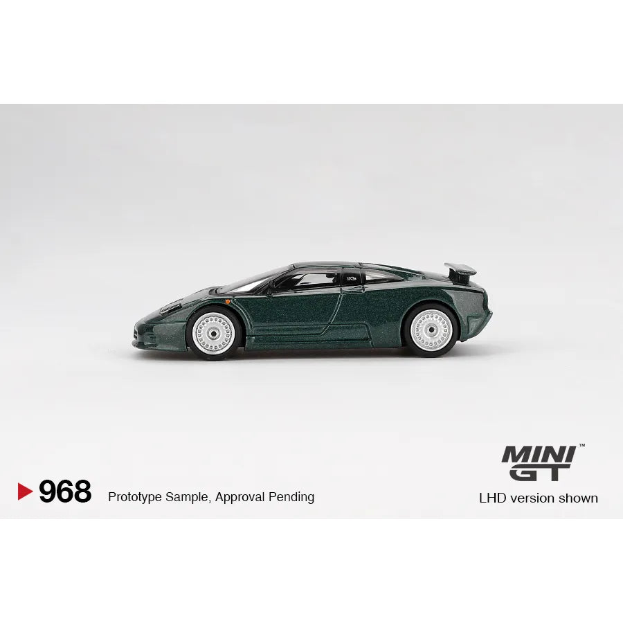 MiniGT 1:64 Bugatti EB110 GT Verde Scuro Dark Green die-cast model with quad-turbo V12 elegance.