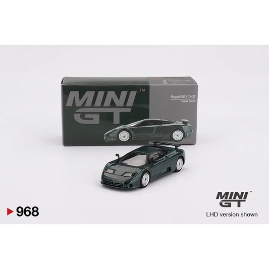 MiniGT 1:64 Bugatti EB110 GT Verde Scuro Dark Green die-cast model with quad-turbo V12 elegance.