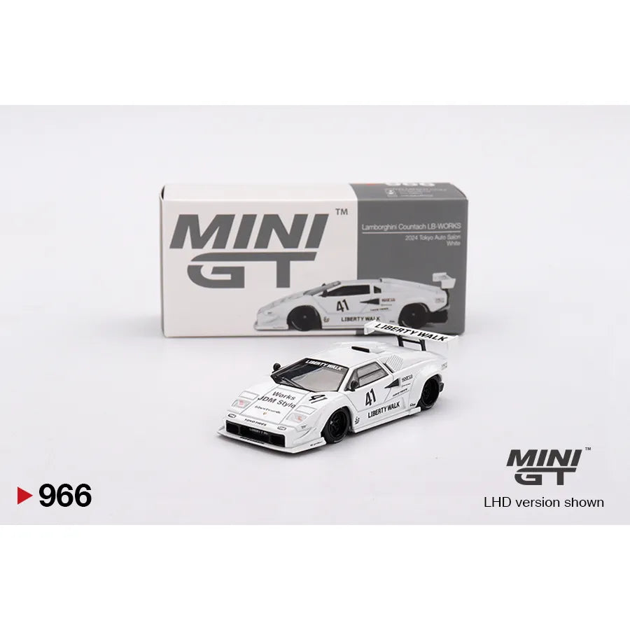 MINIGT 1:64 scale Lamborghini Countach LB-WORKS in white, as featured at Tokyo Auto Salon 2024 – MGT00966.