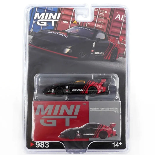 MiniGT 1:64 scale die-cast model of Mazda RX-7 LB-Super Silhouette in ADVAN livery, LHD, model #983 MGT00983-BL.