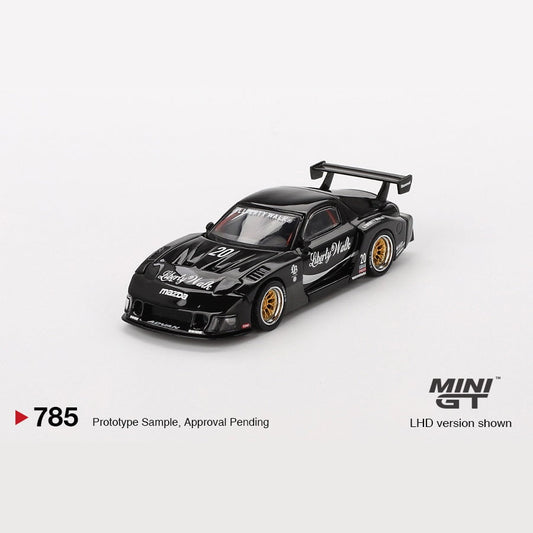MINIGT 1:64 scale die-cast model of the Mazda RX-7 LB-Super Silhouette with Liberty Walk widebody styling and racing livery.