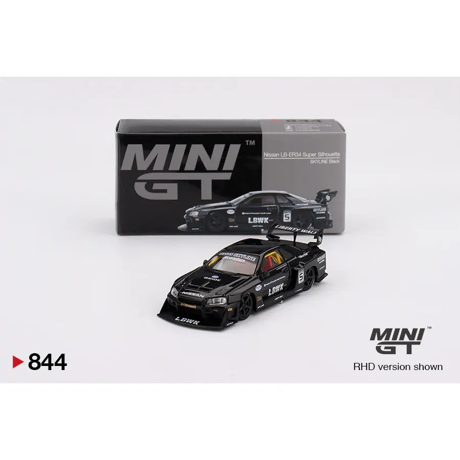 MINIGT 1:64 Nissan LB-ER34 Super Silhouette Skyline in black from 2024 – MGT00844 die-cast model.