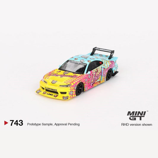 MiniGT 1:64 scale die-cast Nissan Silvia S15 LB-Super Silhouette LB Kuma 1999 with Liberty Walk livery.