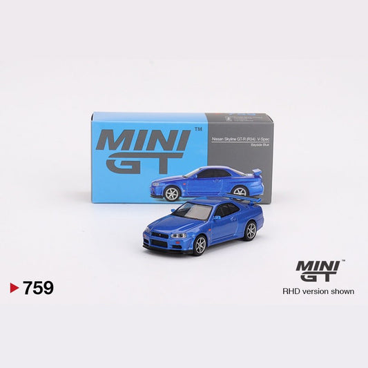 MINIGT 1:64 scale die-cast model of the Nissan Skyline GT-R (R34) V-Spec in Bayside Blue with authentic GT-R badging.