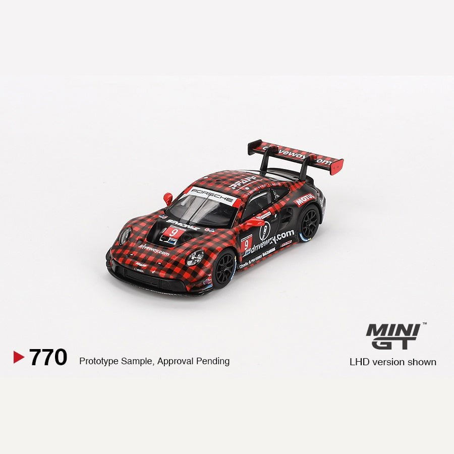 MINIGT 1:64 scale die-cast model of the Porsche 911 (992) GT3 R #9 GTD Pro Pfaff Motorsports Sebring 12 Hrs Winner with plaid racing livery.