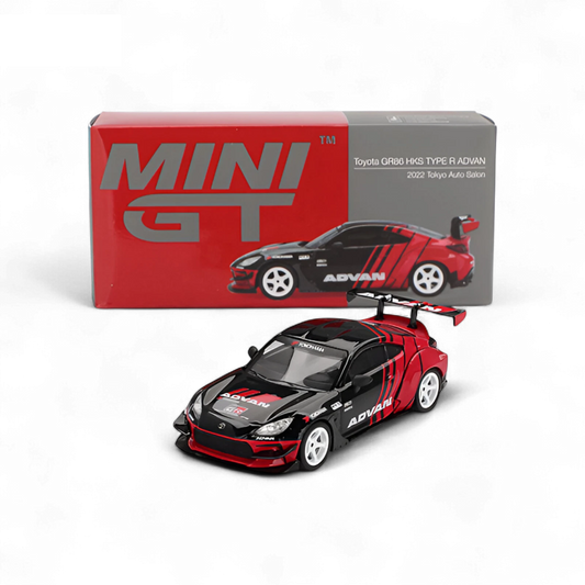 MiniGT 1:64 Toyota GR86 HKS TYPE R ADVAN β 2022 Tokyo Auto Salon die-cast model with wide-body kit and ADVAN livery.