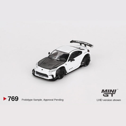 MiniGT 1:64 scale die-cast model of Toyota GR86 in LB Nation White 2023 Liberty Walk widebody styling.