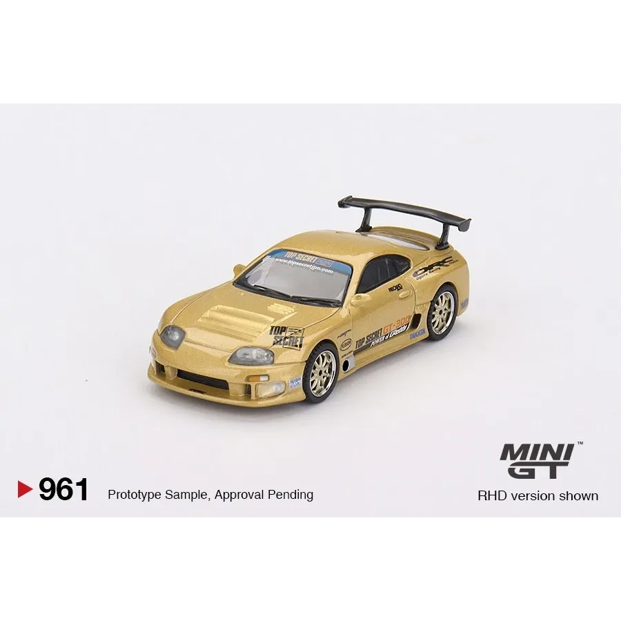 MiniGT 1:64 Toyota Supra A80 Top Secret GT-300 Gold die-cast model featuring ultra-wide JGTC-inspired bodywork.