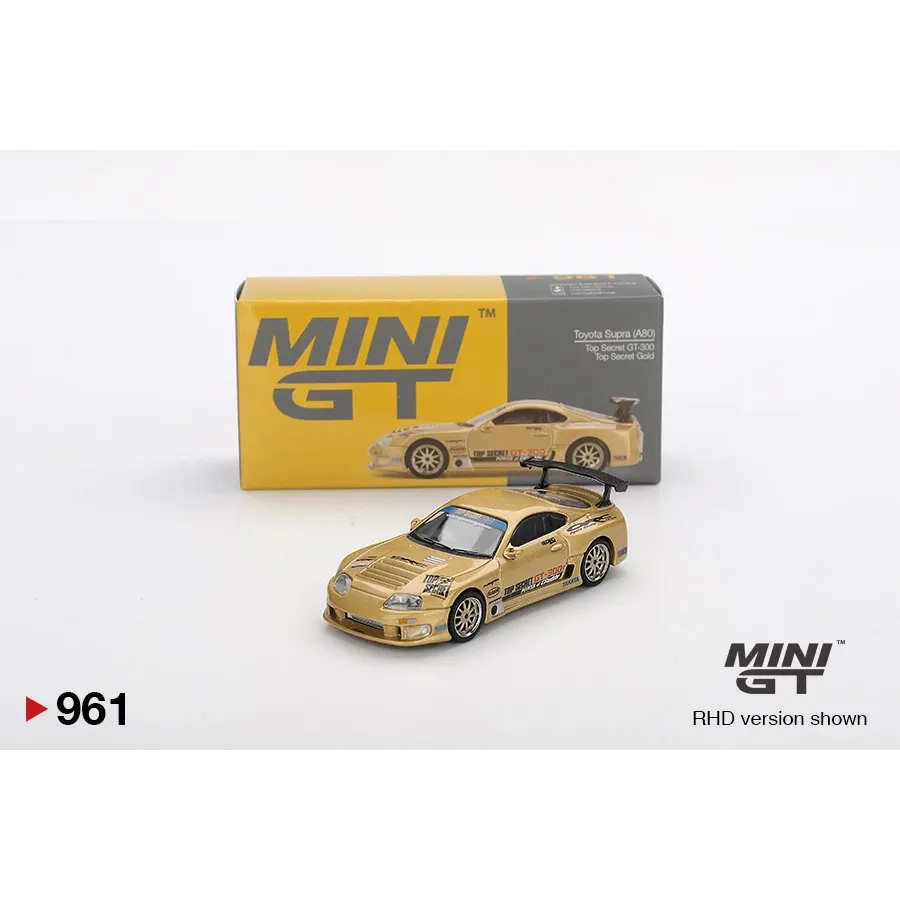 MiniGT 1:64 Toyota Supra A80 Top Secret GT-300 Gold die-cast model featuring ultra-wide JGTC-inspired bodywork.